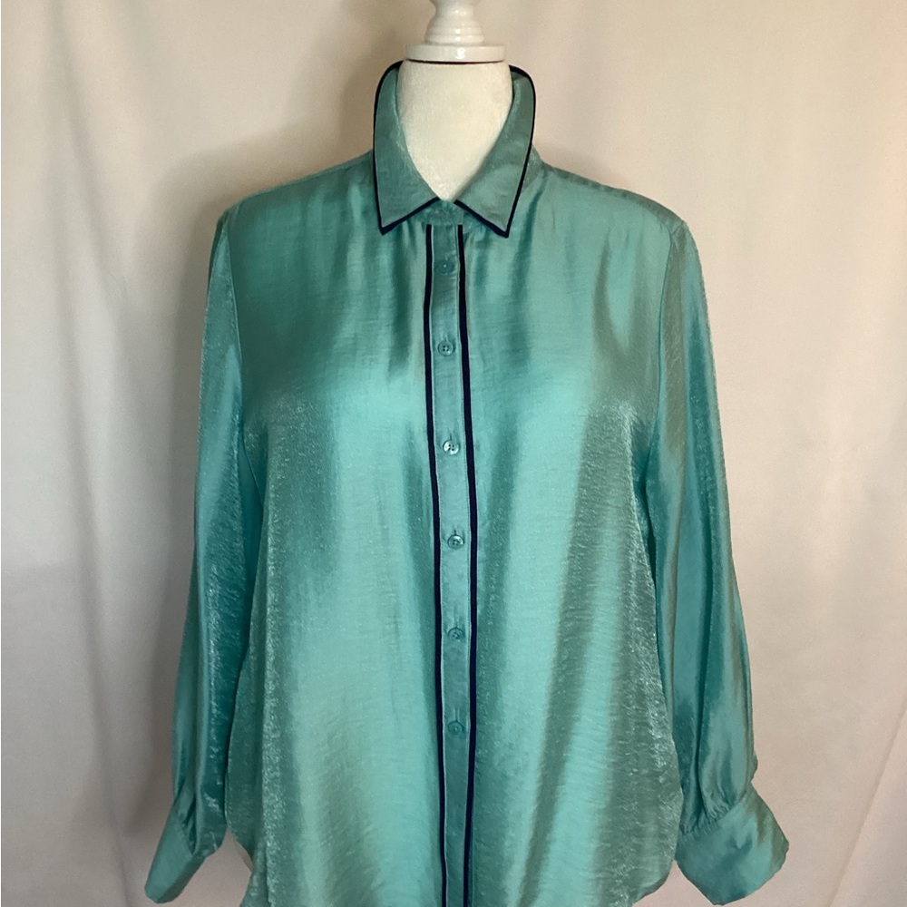 Chico's Teal Satin Button-Down Blouse with Navy Trim